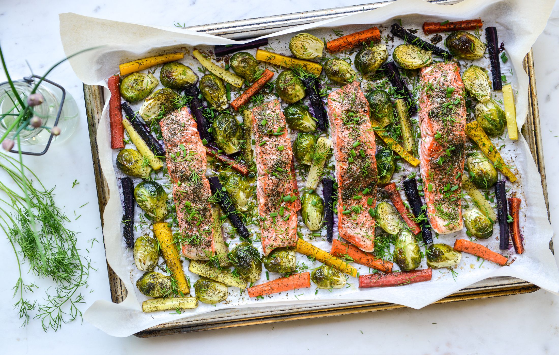 SHEET PAN DILLED SALMON BRUSSELS CARROTS-2