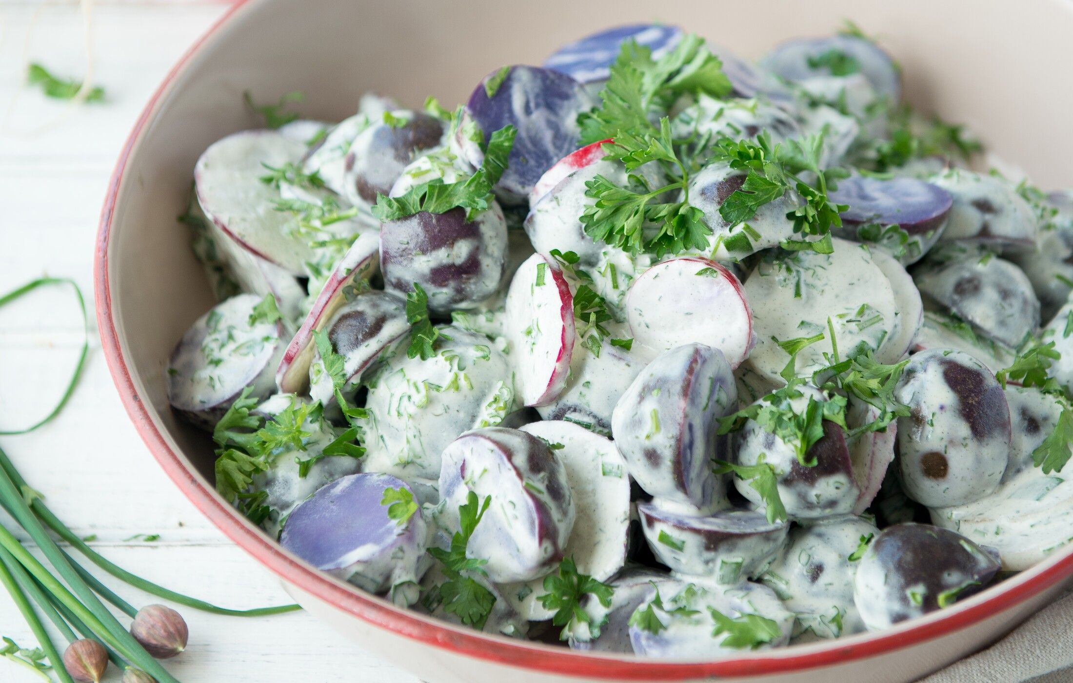 Purple Potato Salad with Radishes and Chives