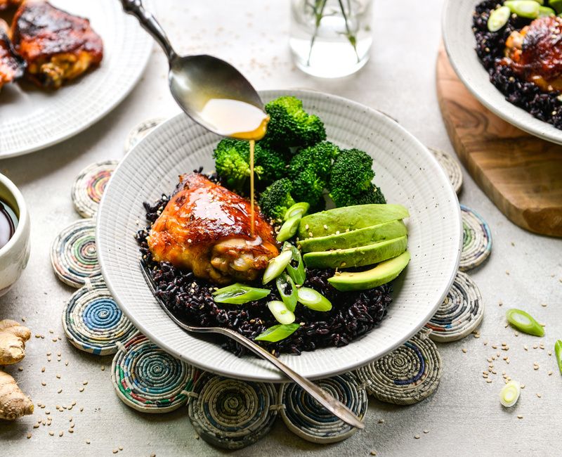 BLACK RICE-ROASTED CHICKEN-GINGER-BROCCOLI BOWLS-2