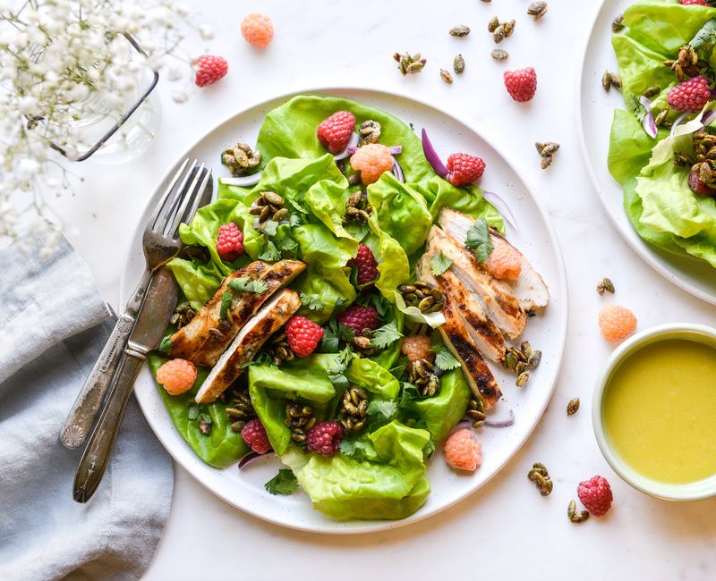 GRILLED CUMIN-LIME CHICKEN AND RASPBERRY SALAD WITH CARDAMOM-TOASTED PUMPKIN SEEDS-1
