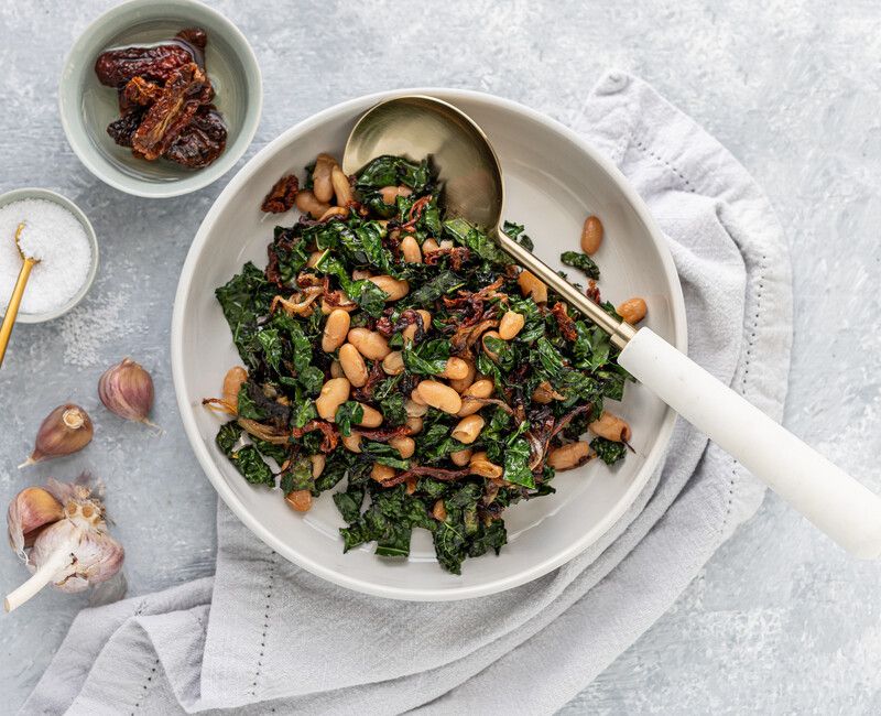 Sautéed Kale with Sundried Tomatoes, Caramelized Onions, and Cannellini Beans